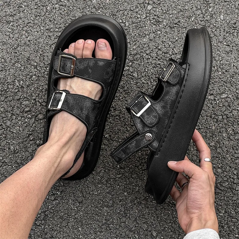 Summer Outdoor Wear Thick Soled Sandals Men's Shoes Casual Open Toe Sport Beach Dual-use Driving  Denim Trendy Slippers Male