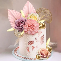 2/4pcs Gold Pink Palm Spear Cake Toppers Decorations Happy Birthday Cake Decor Supplies Baking Dessert Table Party Decor Props