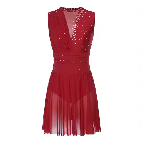 Women Ruched Ballet Lyrical Dancing Dress Round Collar Sleeveless Rhinestone Backless Dress for Stage Performance Competition - Image 3