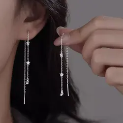 New 925 Sterling Silver Star Tassel Earrings Small And Delicate Five Pointed Star Zircon Long Earrings Women's Fashion Jewelry