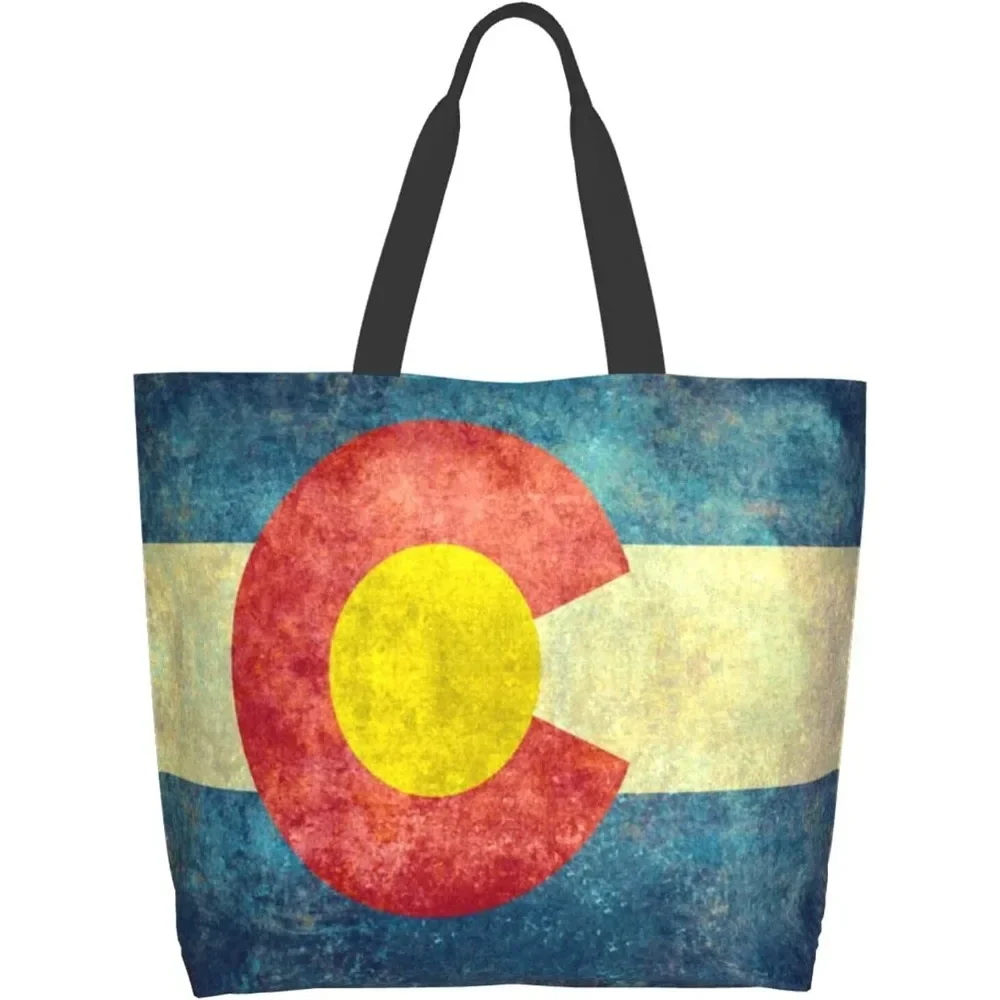 Colorado Flag Canvas Tote Bag Large Women Casual Shoulder Bag Handbag Reusable Multipurpose Shopping Grocery Bag for Outdoors