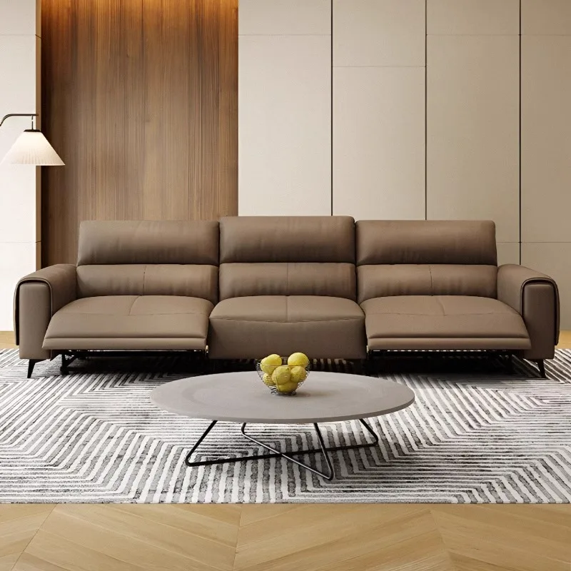 

Leather electric function sofa Italian simple straight row light luxury living room