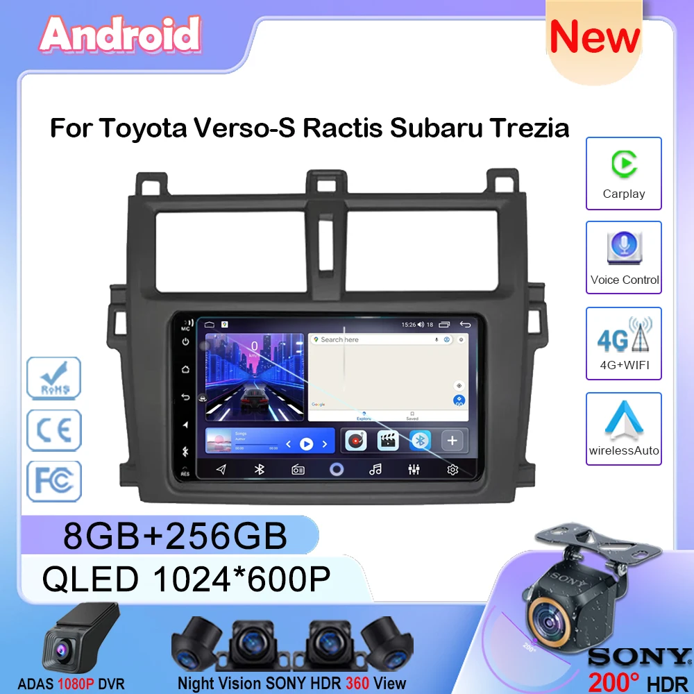 Car DVD For Toyota Verso-S Ractis Subaru Trezia Android Auto Radio Stereo Multimedia player GPS Navigation NO 2din QLED Screen