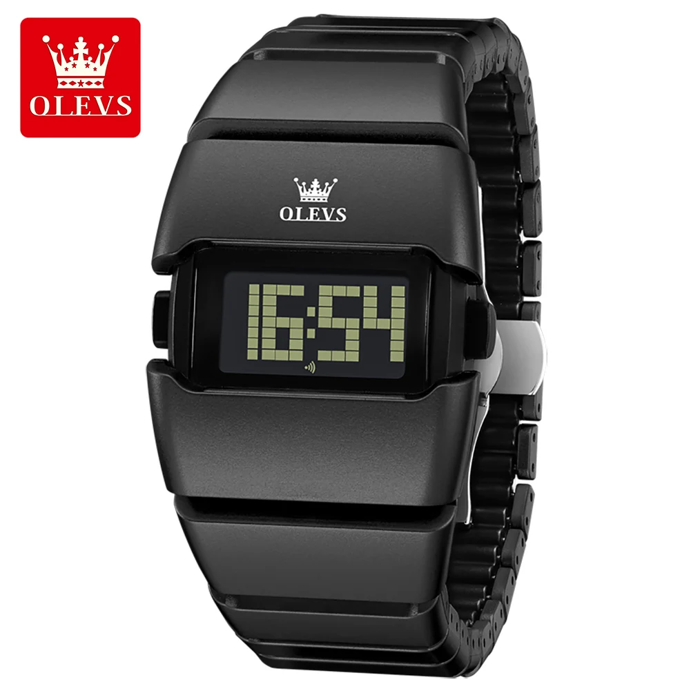 

Мужские наручные часы OLEVS 1112 Luxury Quartz, водонепроницаемые, с LED-дисплеем, кварцевые, черные, стальной квадратный браслет, спортивные часы для мужчин