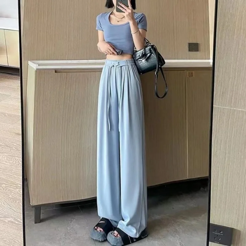 Pantaloni da donna a vita alta primaverili e autunnali appesi di alta qualità larghi dritti casual in seta di ghiaccio a gamba larga estivi sottili