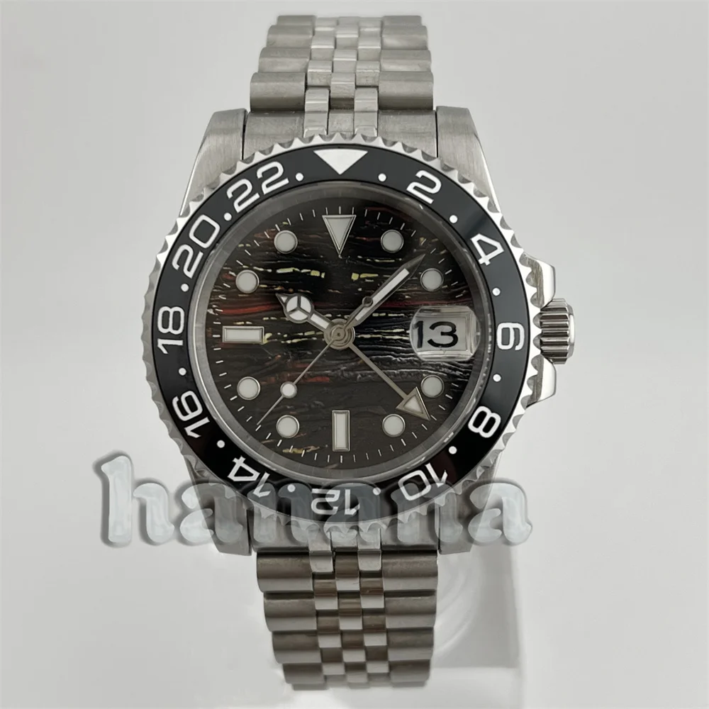 GMT NH34 watch 40mm Tiger Eye textured men's mechanical watch black and gray ceramic bezel sapphire glass 10Bar Green luminous