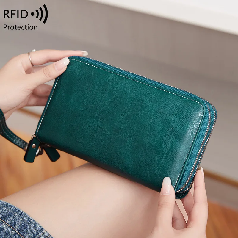 Western RFID Blocking Multifunction Double Zipper PU Leather Women Wallet Large Capacity Detachable Strap Purse for Ladies