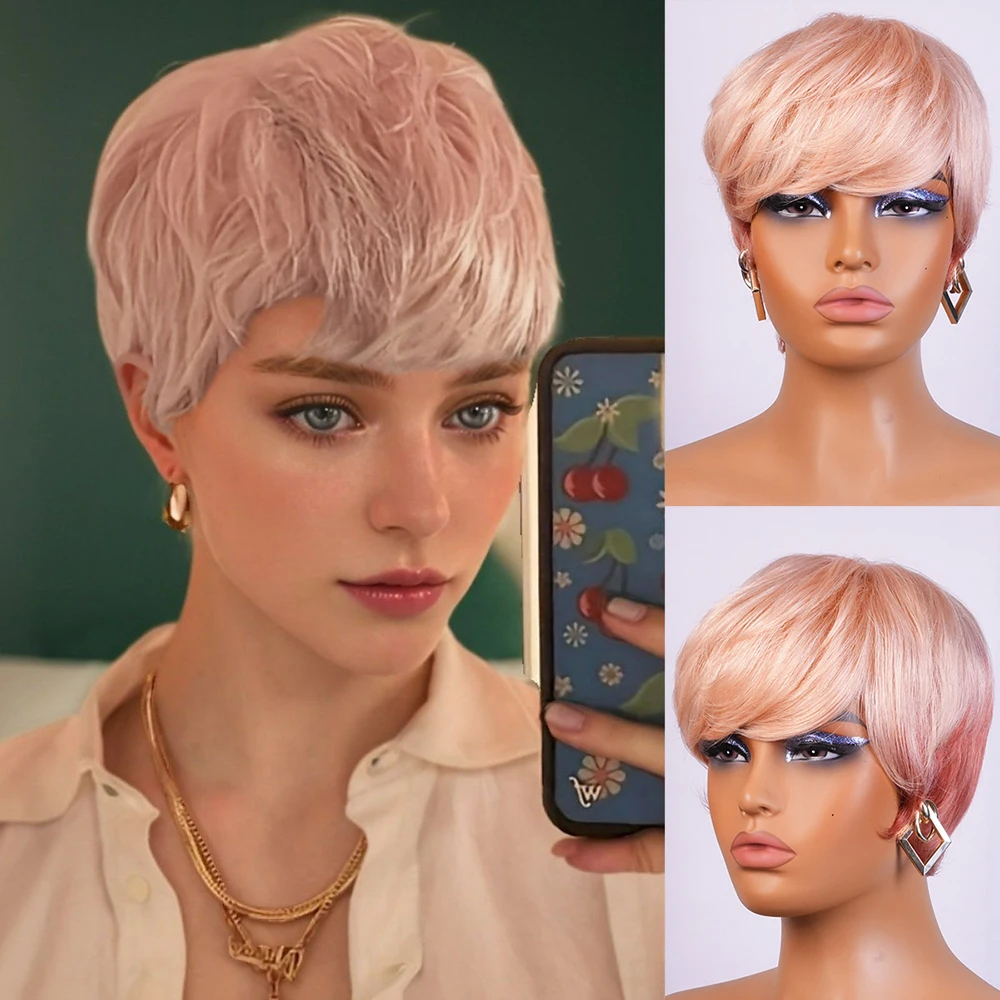 الوردي شعر بشري قصير الباروكات عابث قطع شعر مستعار آلة الشعر البرازيلي صنع للنساء قبل قطعها شعري مستقيم شعر مستعار تأثيري الطرف