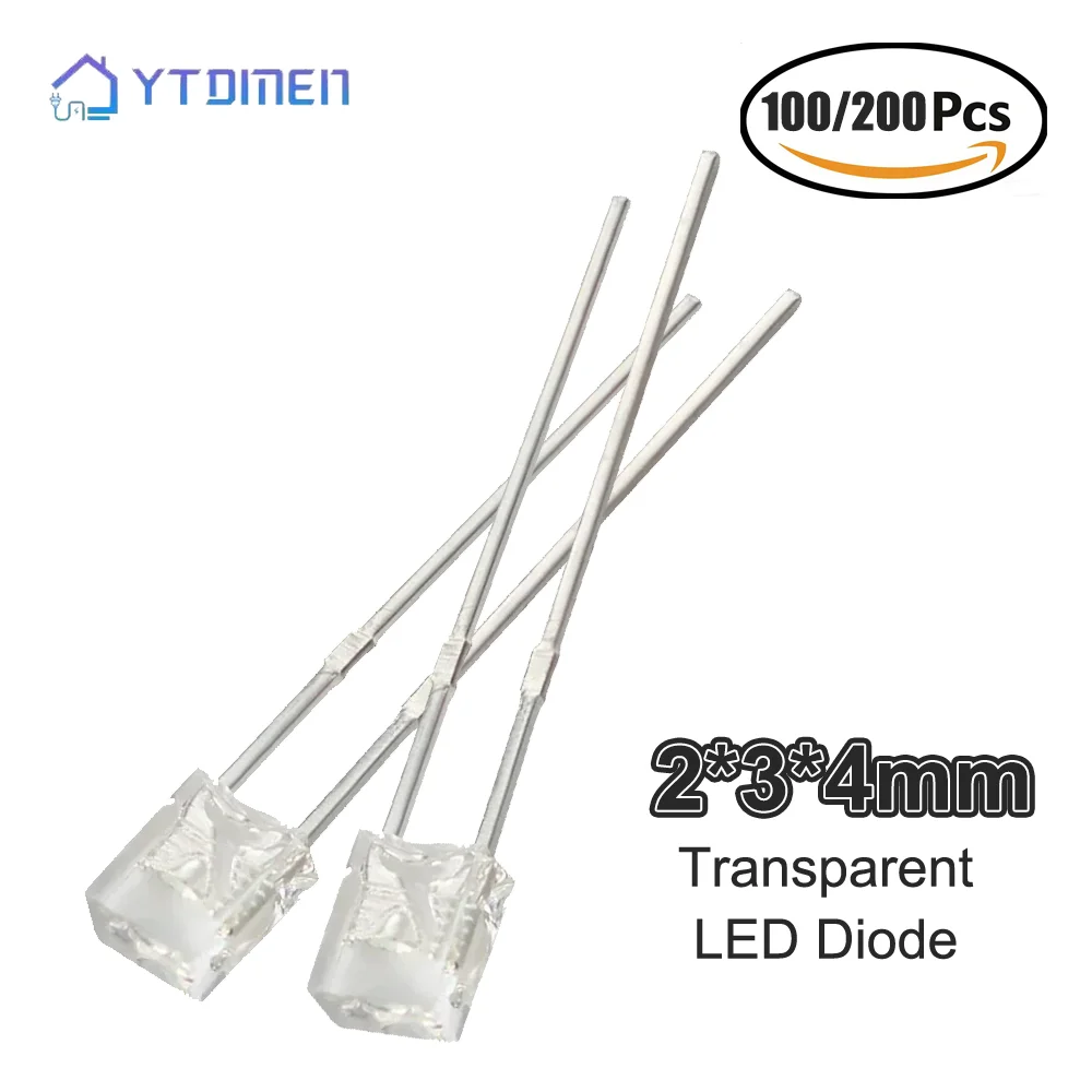 Kit de diodes LED carrées 2x3x4mm, 100/200 pièces, 5 couleurs (blanc/rouge/vert/bleu/jaune), voyant lumineux clair pour l'électronique DIY
