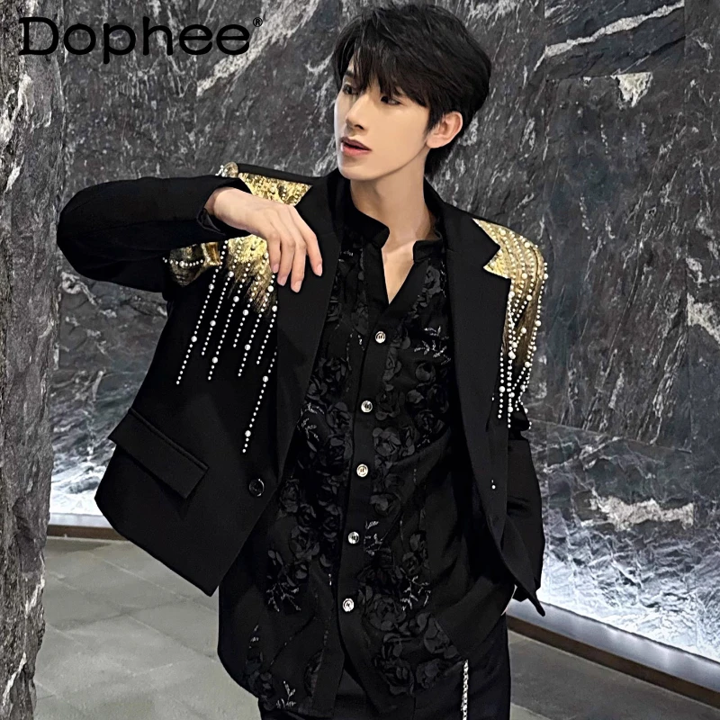 

Men's Suit Jackets 2025 Men's Autumn New Fashion Blazers Gentleman Gradient Color Beaded Design Trendy Handsome Tailored Coats