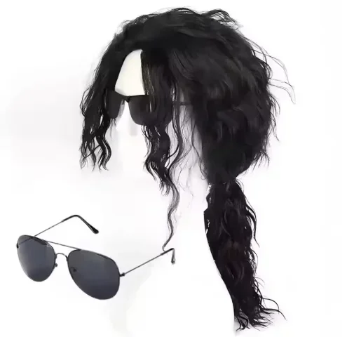 Men Retro 80s Punk Black Mullet Curly Synthetic Wig Side Ponytail Long Wild Hair Halloween Cosplay Rock Star Party Costume Wig view 4