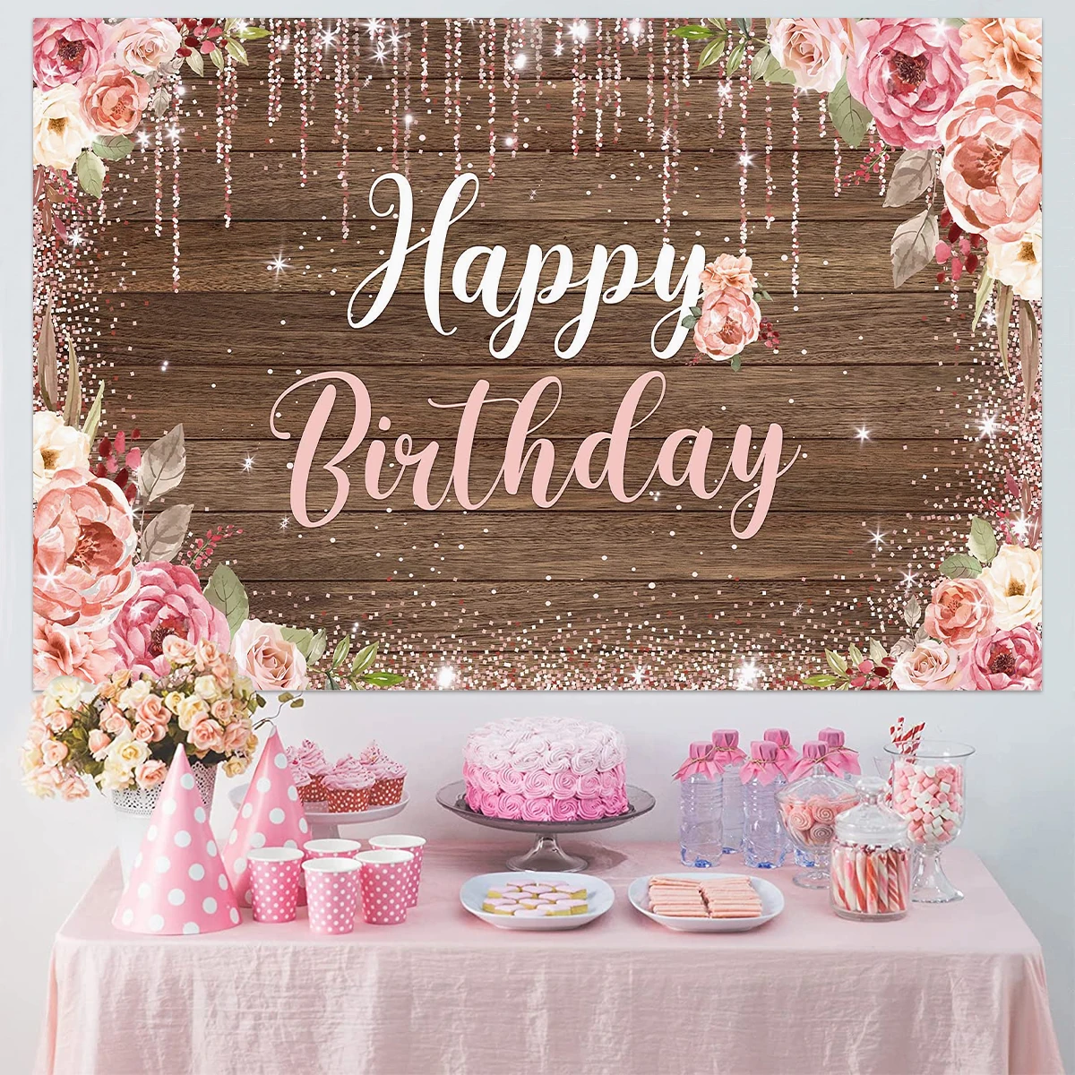 Pink Flower Birthday Background Backdrop Floral 1st Birthday Party Decoration Kids Girl  Birthday Party Supplies Anniversary