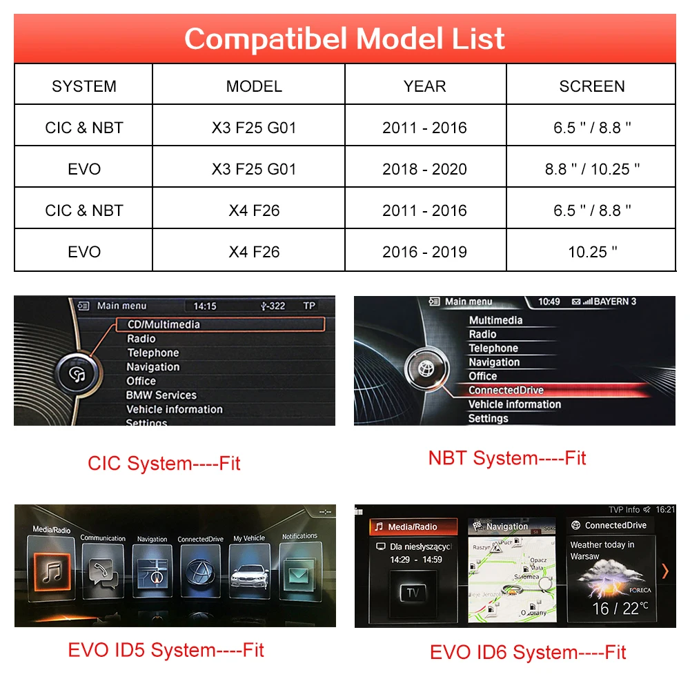 Wireless CarPlay for BMW CIC,NBT,EVO System X3 F25 G01 X4 F26 2011-2020 with Android Mirror Link AirPlay Car Play Function