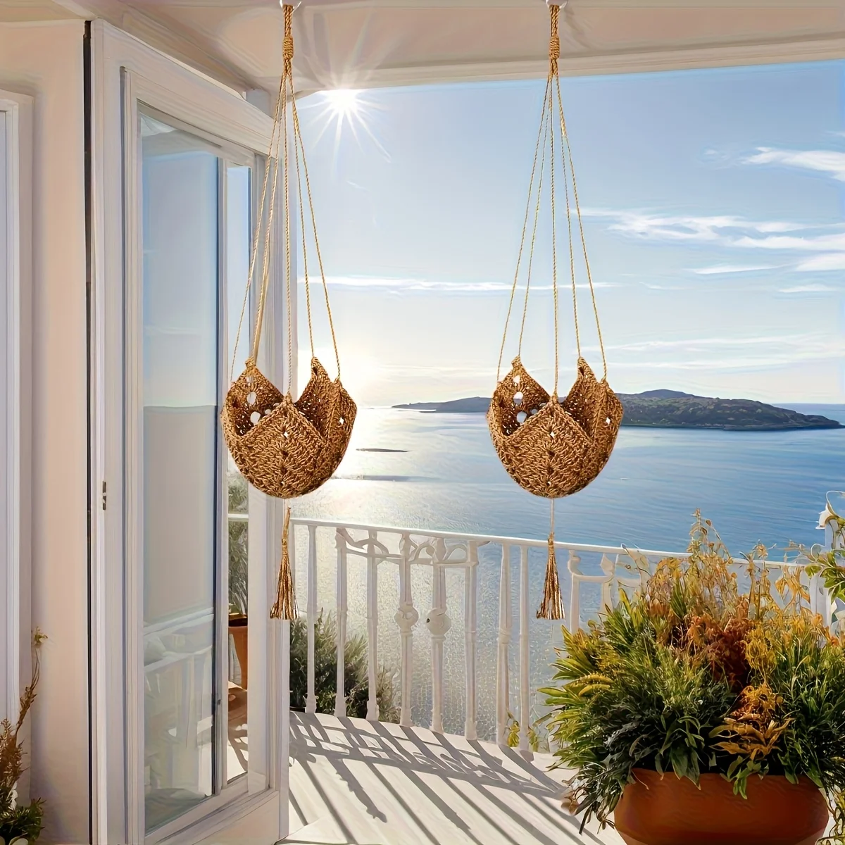 1 OR 2pcs Bohemian Lace Plant Hanger With Tassels, Jute Crochet Wall Basket With Hooks for Indoor, Outdoor Garden