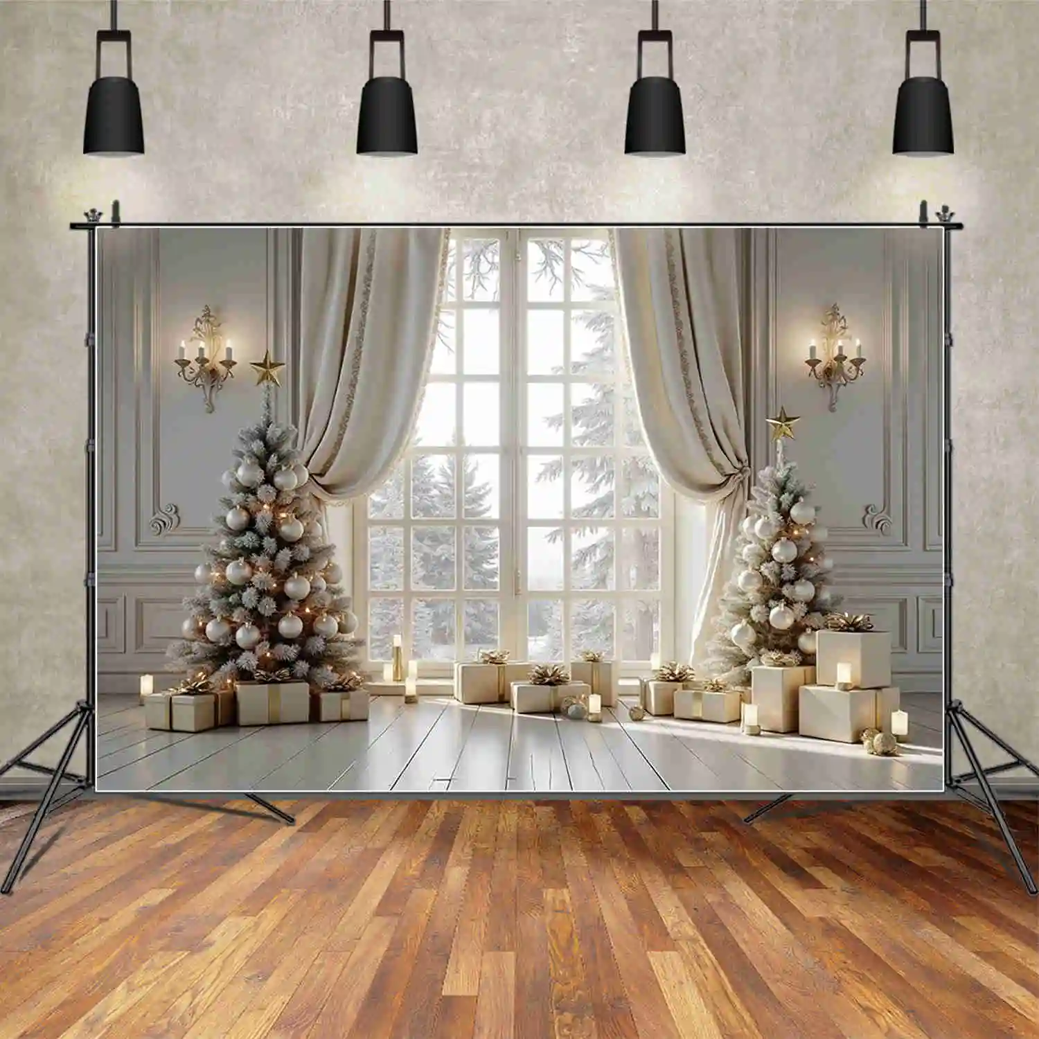 MOON.QG 2024 크리스마스 커튼 배경 사진 조명 장식 흰색 사진 배경 어린이 스튜디오 Photocall 액세서리