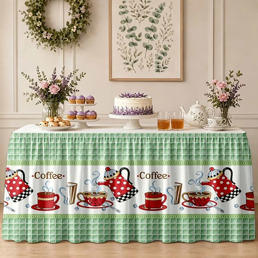 1pc red polka dot coffee pot pattern ruffled edge table skirt is suitable for garden tea parties