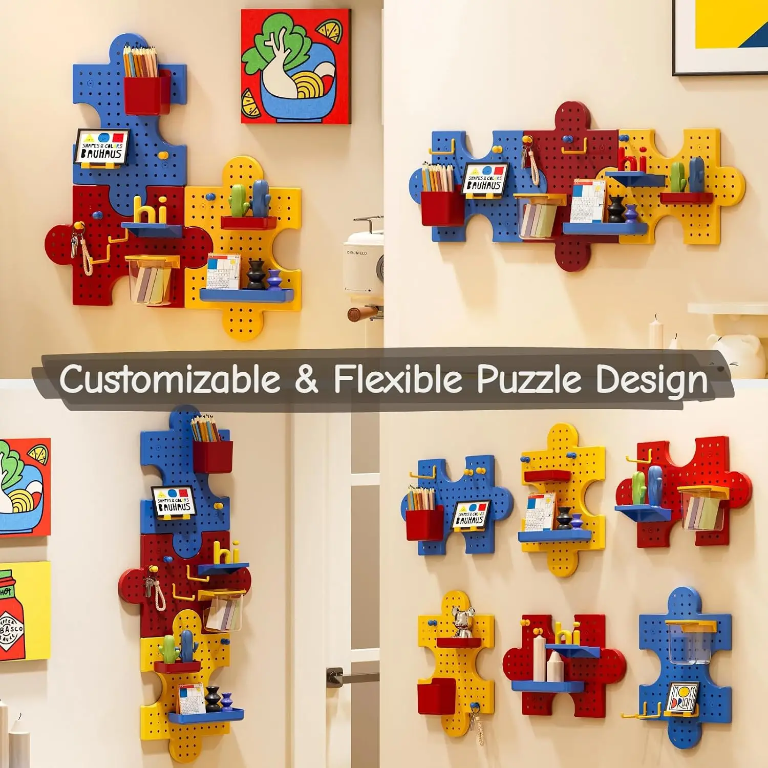 Pegboard Wall Organizer Colorful Puzzle Modular Plastic Wall Storage System With Accessories For Office Entryway Decor