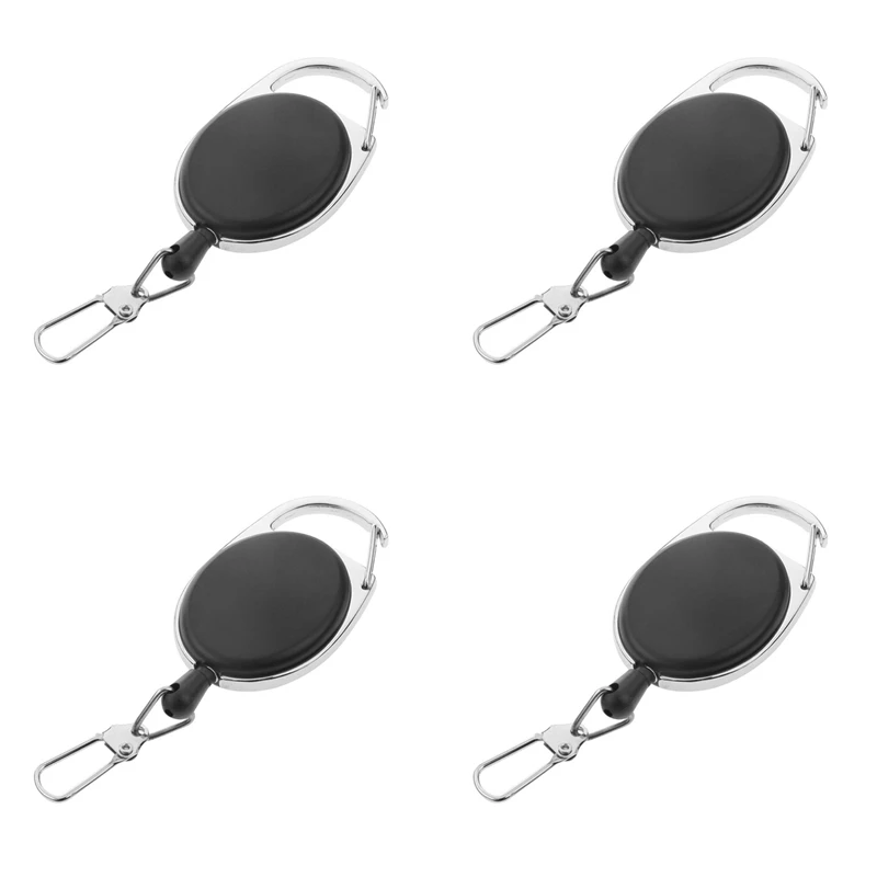 4X Heavy Duty Retractable Carabiner Badge Tinker Reels 60Cm Pull Wire With Key Ring Clip Black