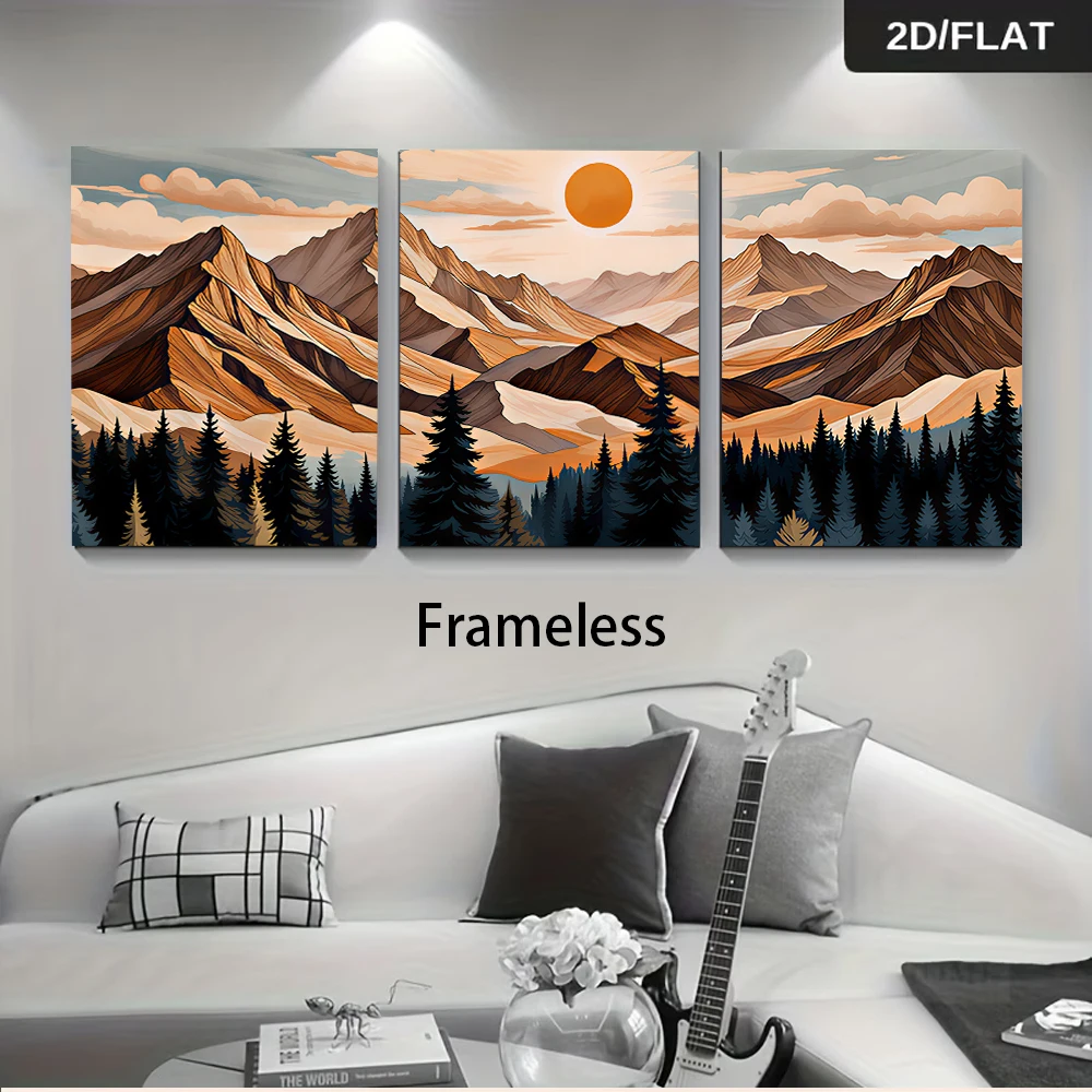 One set of modern minimalist style three-panel frameless decorative paintings: landscape, sunrise, forest, and home decoration.
