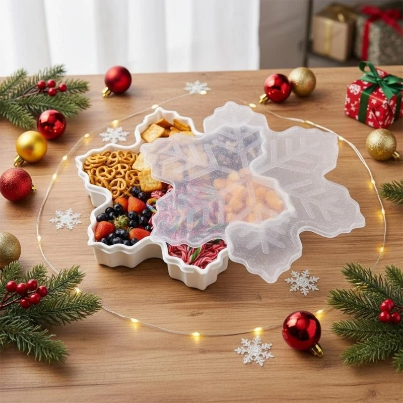 Christmas Serving Tray & Festive Christmas Biscuit Storage with Lid Holiday Snowflake Tree Character Container for Candy, J0MC