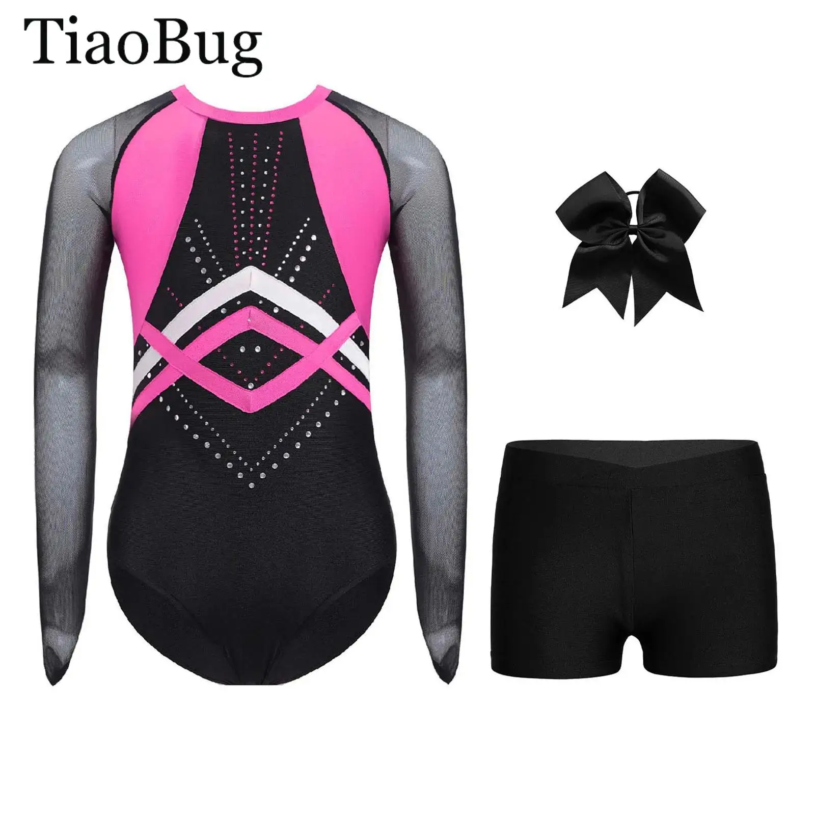 

Girls Long Sleeve Ballet Dance Outfit Gymnastics Leotard Bodysuit Sheer Mesh Color Block Rhinestones Bodysuit And Shorts Headwea