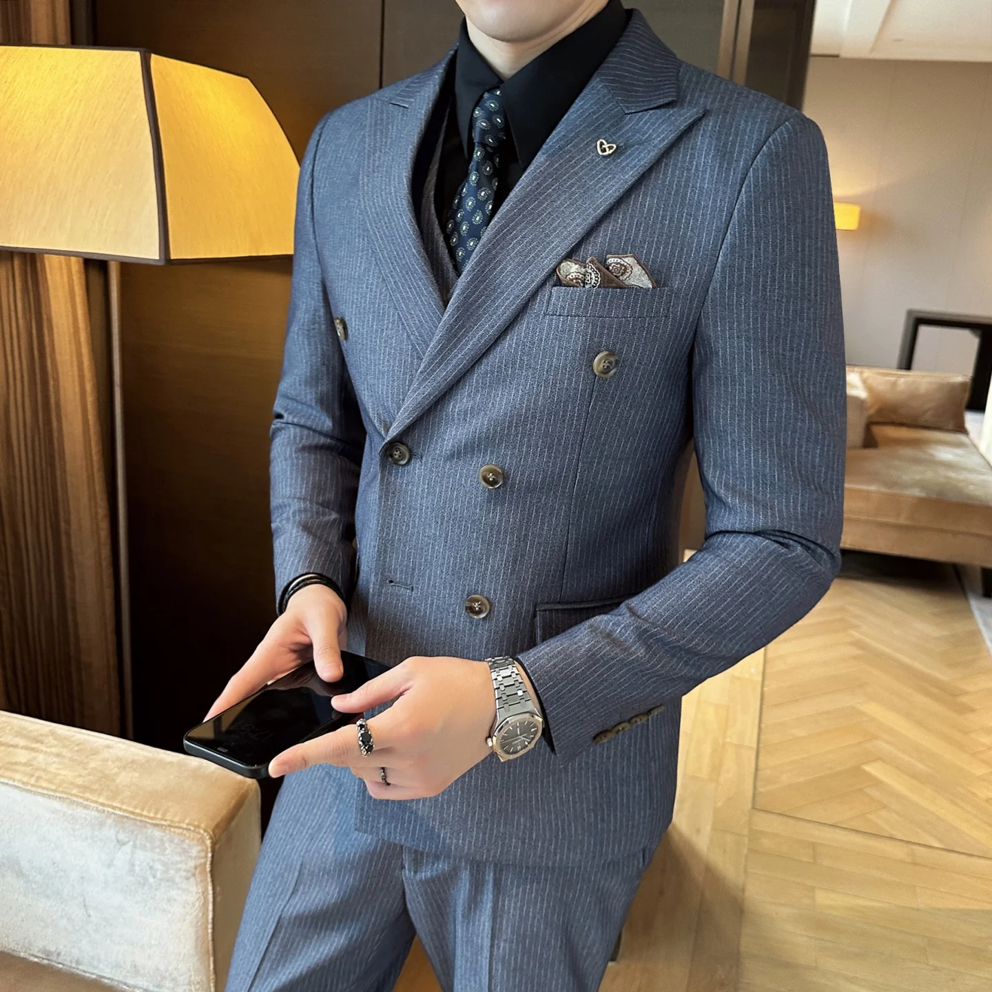 

Men's suit set, three-piece set, business casual fashion formal coat, slim-fit banquet wedding dress, striped mini suit