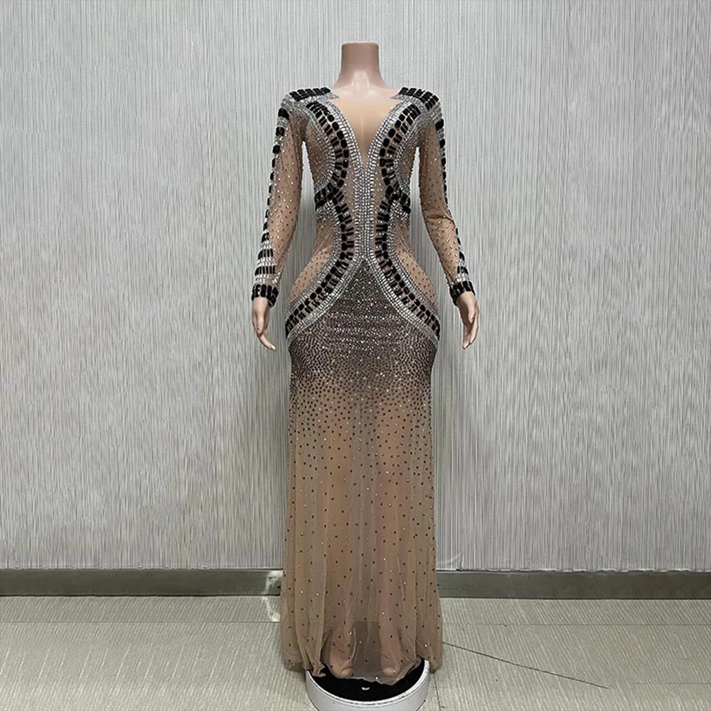 Customized Sexy Lace Sleeveless Transparent Diamond Sequins Water Diamond Wrap Hip Dress Long Dress Performance Dress PartyDress