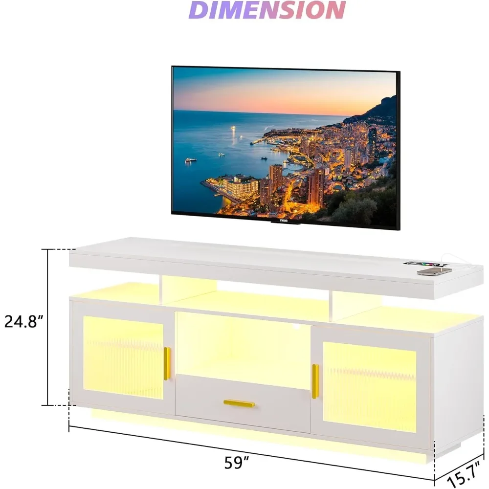 TV Stand 24-Color RGB, Auto Sensor LED Entertainment Center with Wireless Charging Station & Large Storage Cabinet, TV Stand