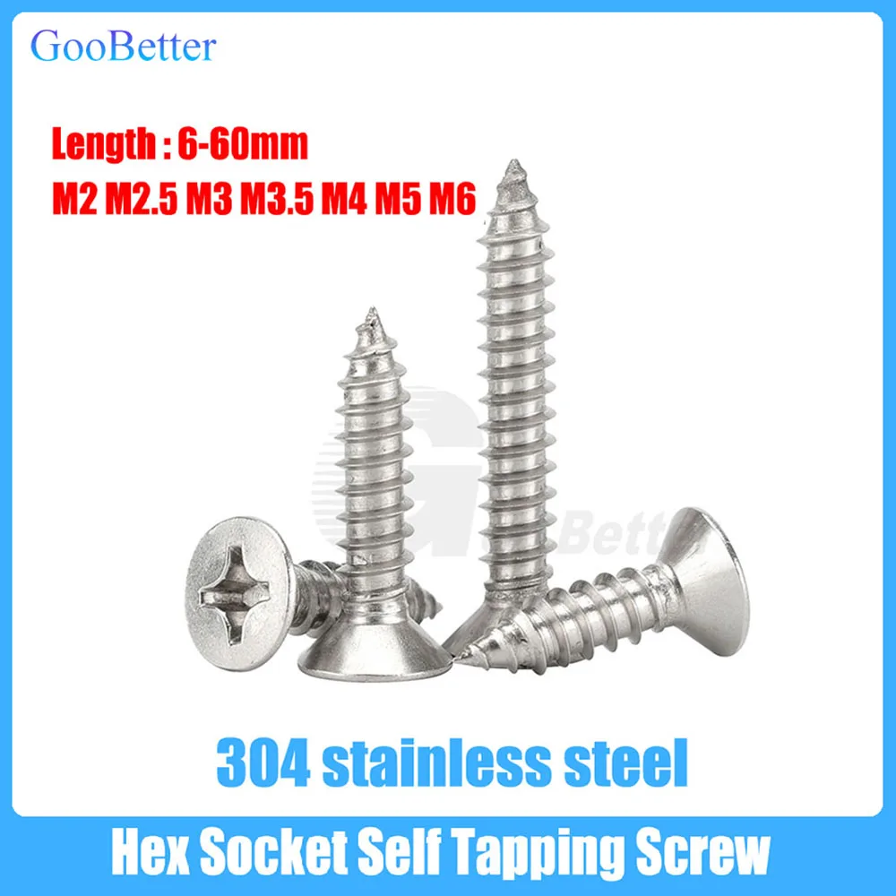 10-100Pcs M2 M2.5 M3 M3.5 M4 M5 M6 Hex Socket Flat Countersunk Head Computer Laptop Screw Stainless Steel Self Tapping Wood Bolt