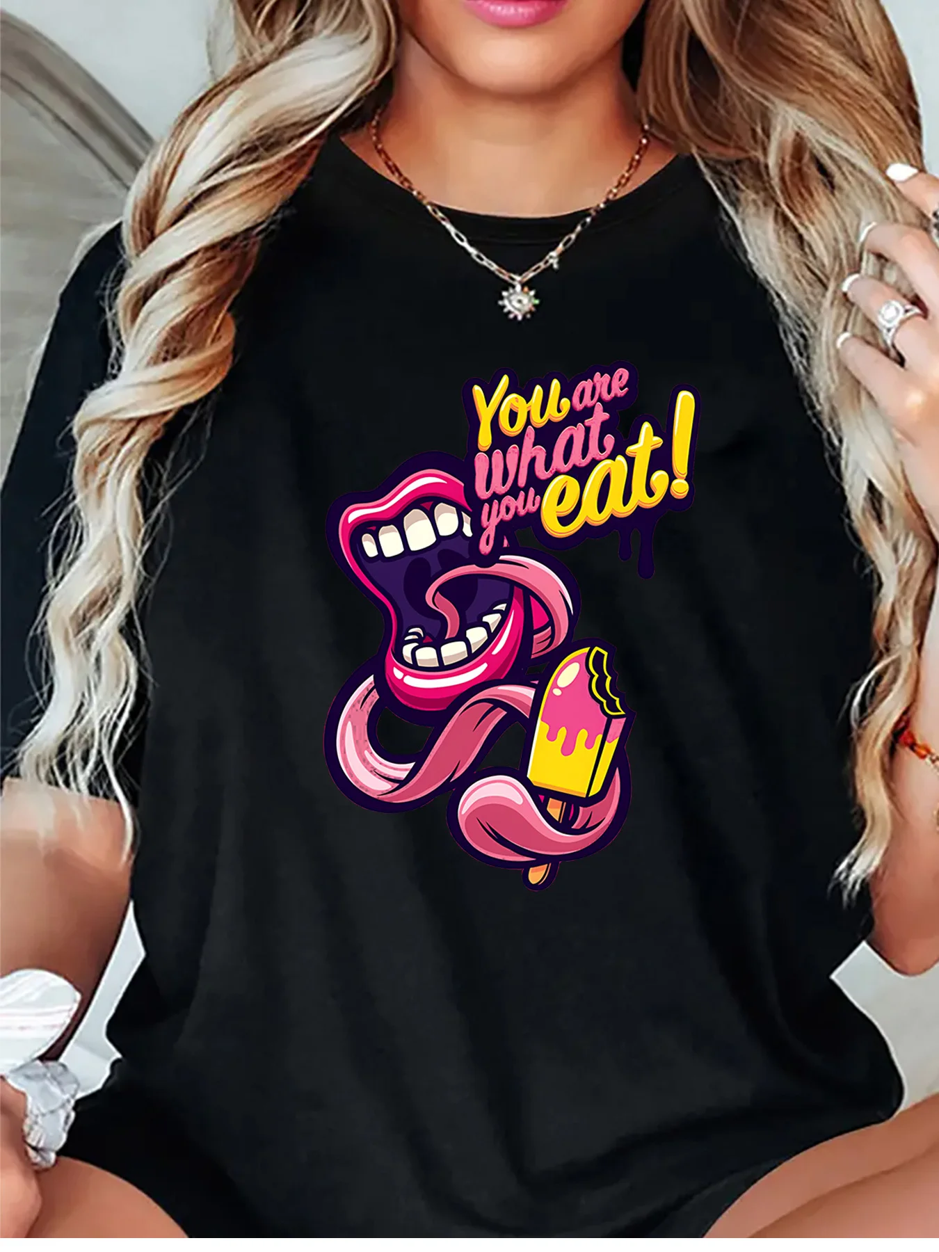 Novelty Graffiti Womens T Shirt You Are What You Eat Funny Mouth Ice Cream Art Graphic O Neck Short Sleeve Casual Ladies Tops