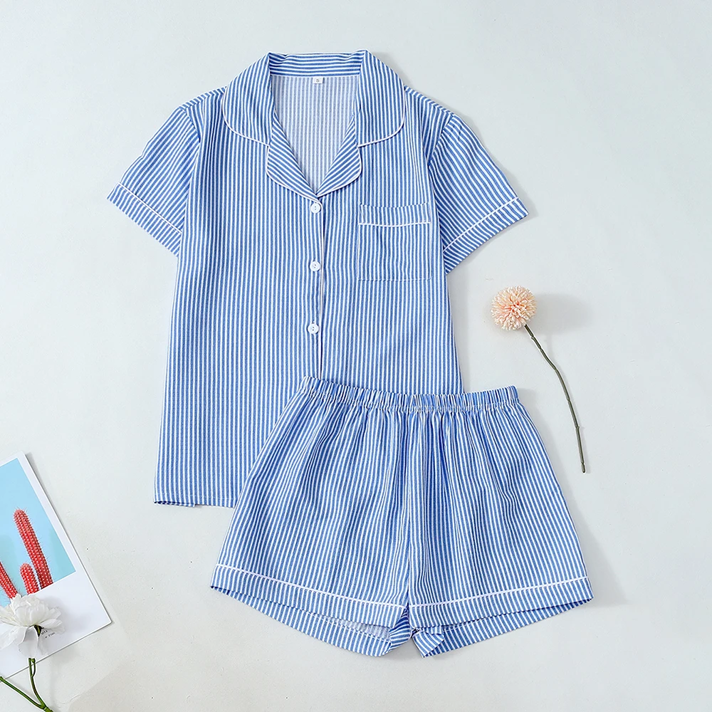 

2 шт. женская летняя домашняя одежда с синими полосками и принтом, ночная рубашка на пуговицах, топ с лацканами, шорты с эластичной резинкой на талии, одежда для дома, модные пижамы