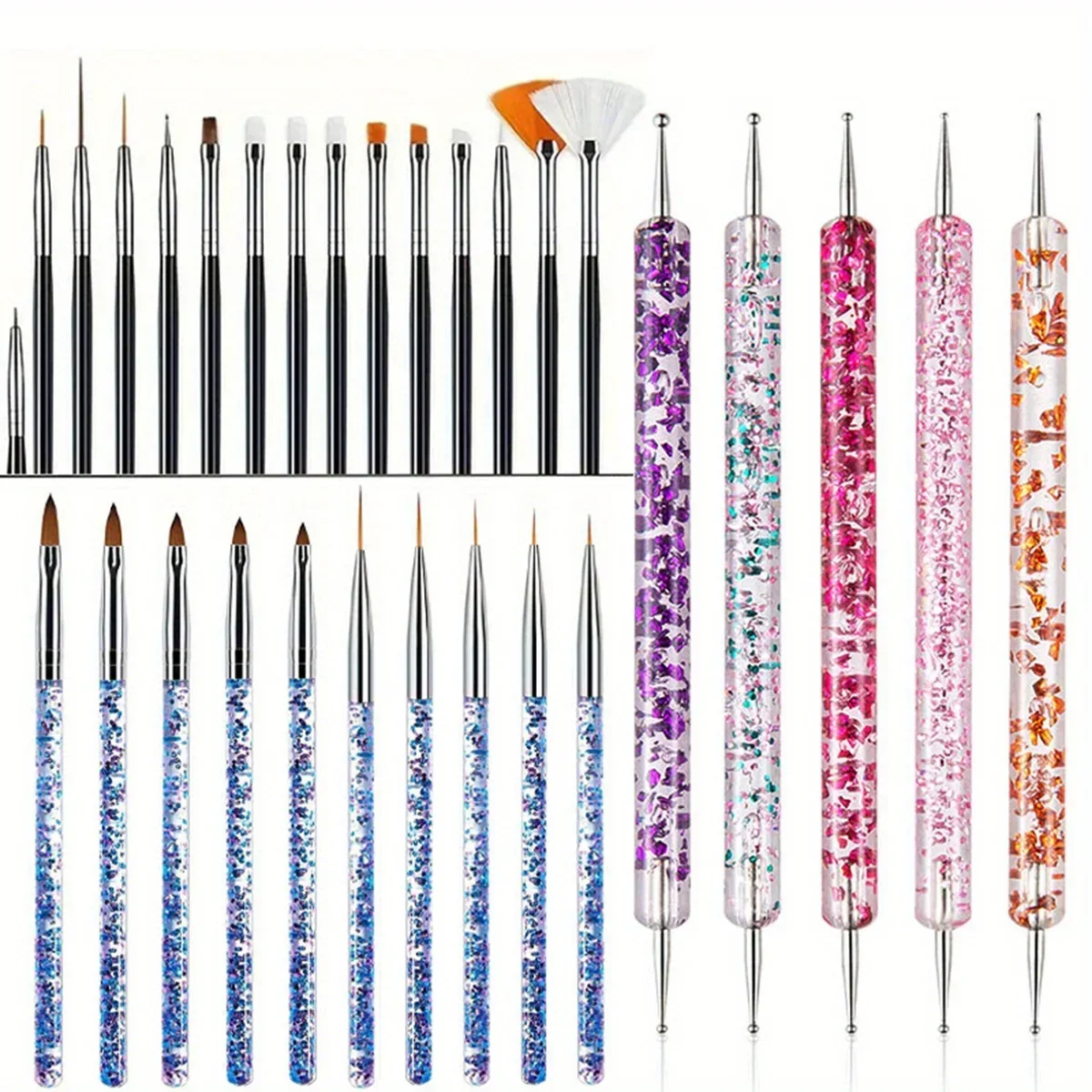 30Pcs Nail Art Brush Design Tip Painting Drawing Carving Dotting Pen FlatFan Liner Acrylic Gel UV Polish Manicure Tools