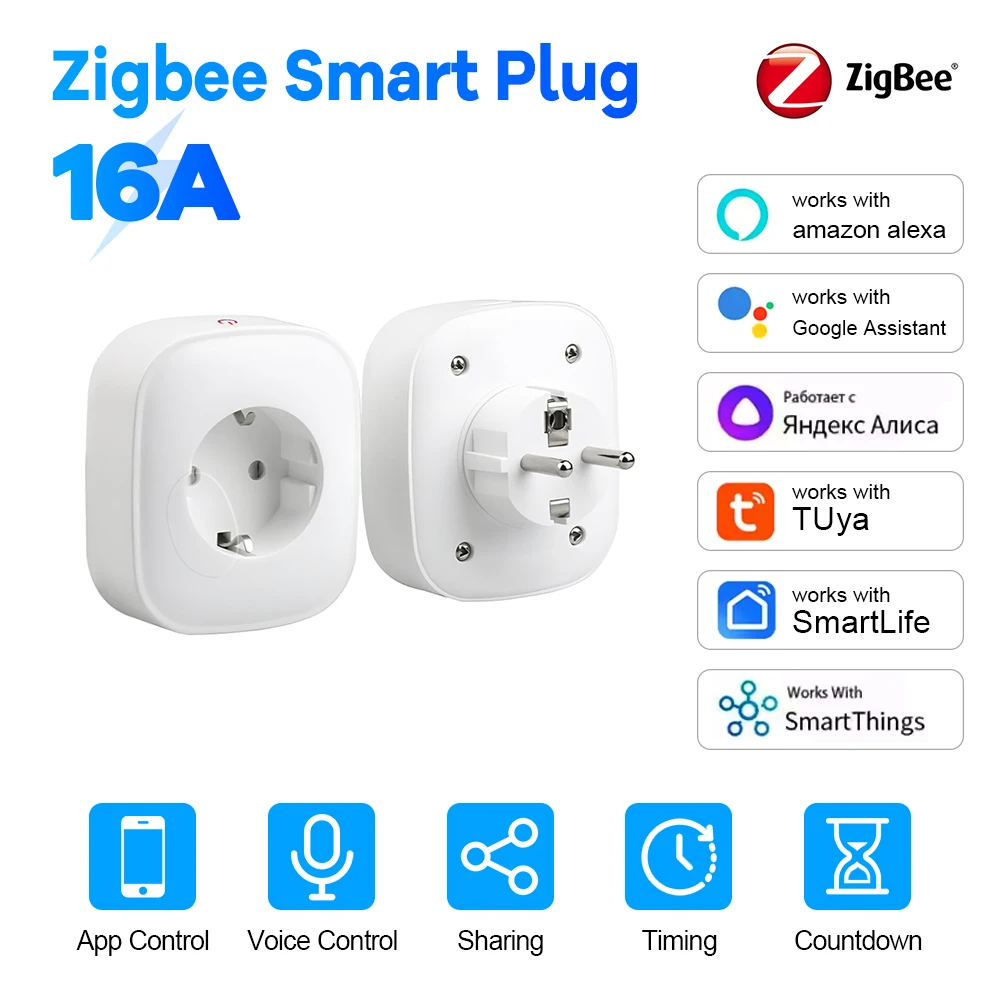 Zigbee EU Smart Plug 16A Power Monitoring Wall Socket Alexa Compatible Voice Control Electrical Socket Wall Ground Outlet
