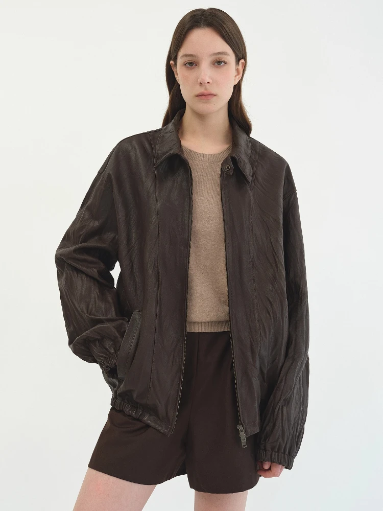 Vintage Echtes Leder Jacken für Frauen Frühling Herbst High-end Einfache Falten Textur Design Lose Beiläufige Echte Schaffell Mantel