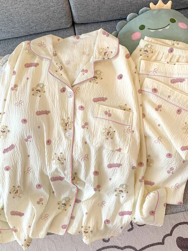 Cartoon Cherry Bear Sleepwear Casual Cotton Wrinkled Fabric Long Sleeve Long Pants Home Leisure Suit for Women Sweet INS Style