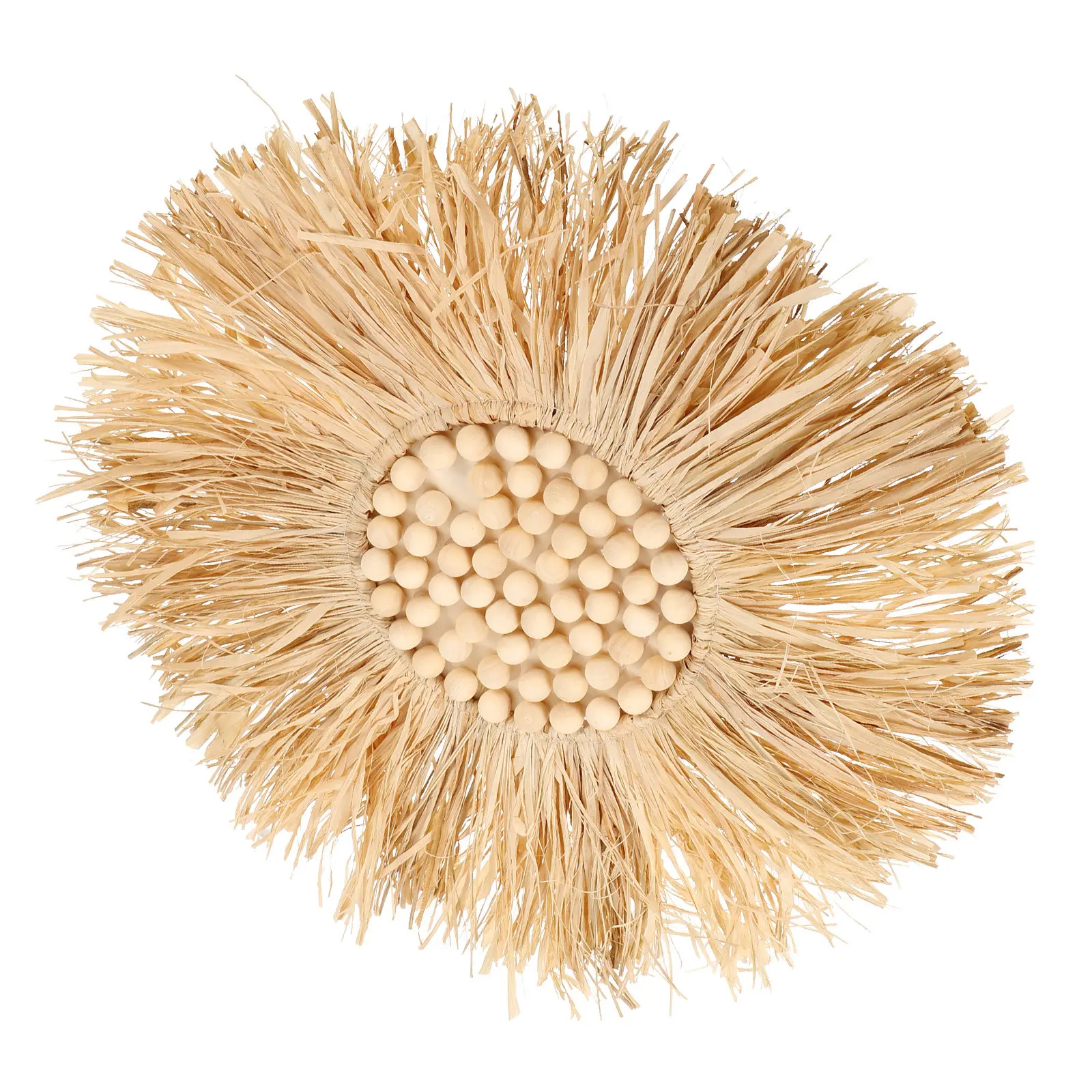 Nordic Wall Hanging Decor Raffia Woven Design Wooden Beaded Wall Art for Kids Room Nursery Bedroom Living Space Rustic Home