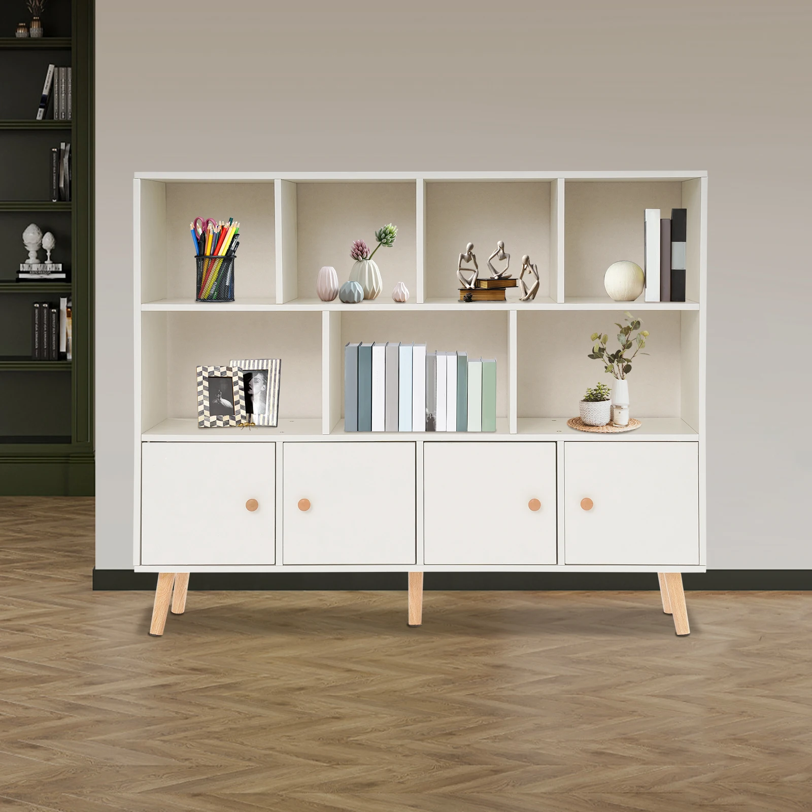 Librería de almacenamiento, estantería abierta con patas de madera maciza, estantería abierta de pie con 11 compartimentos