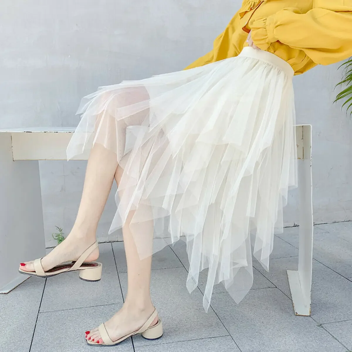 New Fairycore Lady ´s Fashionable Sexy Solid Color Mesh Skirt, Irregular Elastic Tulle Bubble Skirt, Daily Life and Vacation
