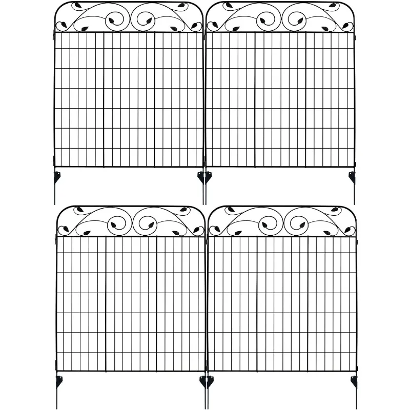 4 Pack Black Coated Steel Decorative Garden Fence Panel with 8 Leaves, 44 inch by 36 inch (Linear Length 12 feet) Metal Folding