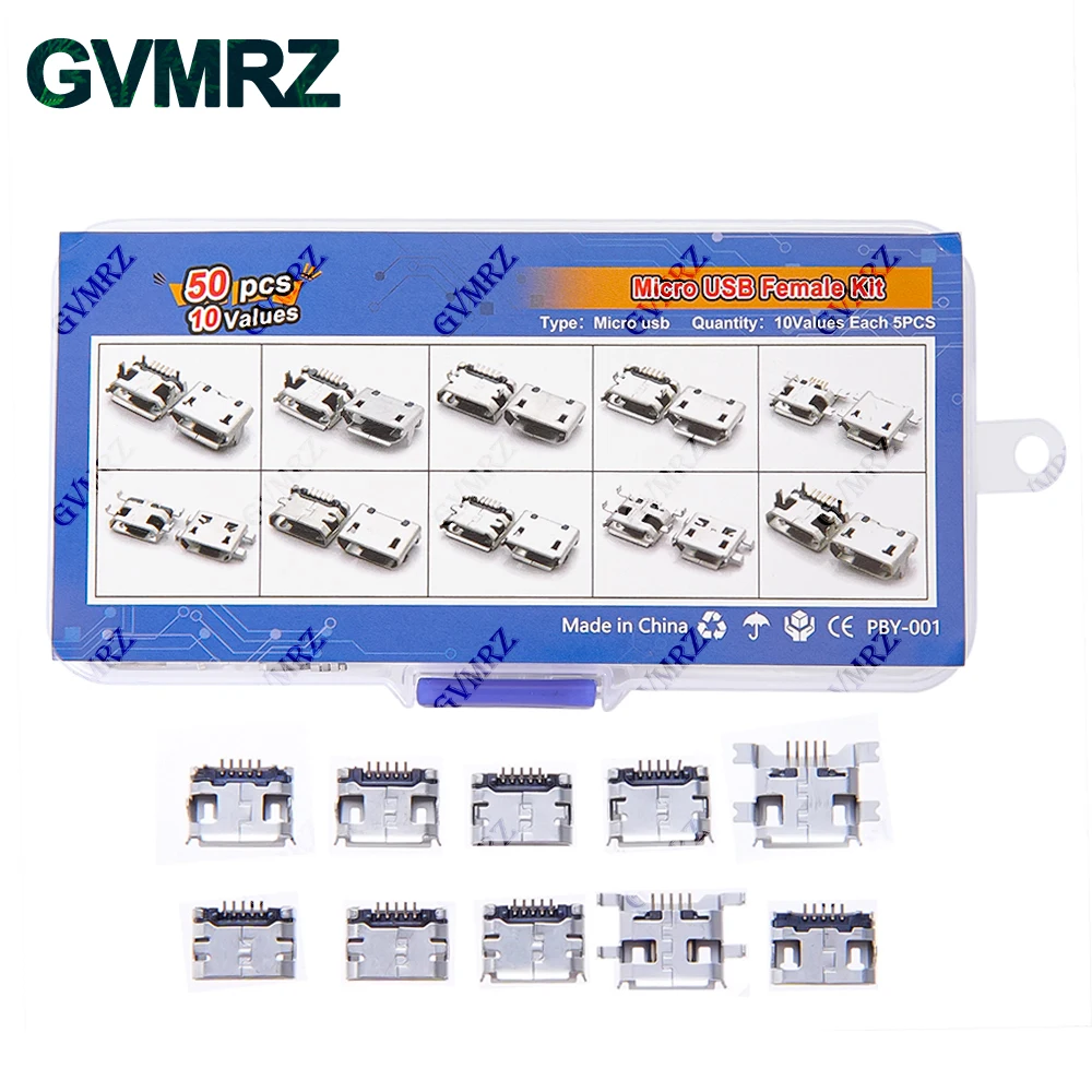 50PCS 10Values Micro USB Female Connector Kit for Electronics DIY & Repair Projects