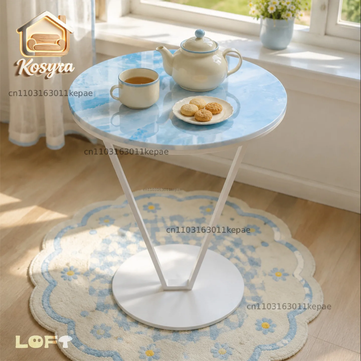 

Art round corner blue marble pattern small coffee table living room bedroom side metal sofa table