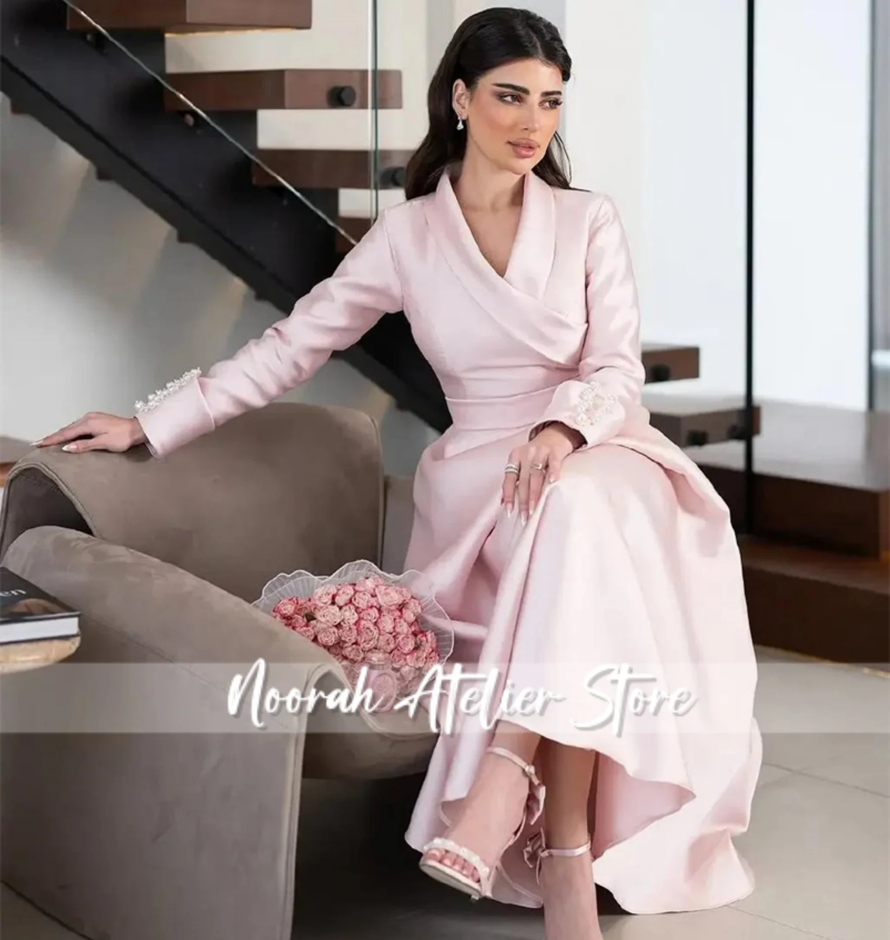 Элегантные новые розовые роскошные женские вечерние платья с V-образным вырезом и жемчугом, 2022, длинное вечернее платье Dubai Aline, Vestidos по индивидуальному заказу