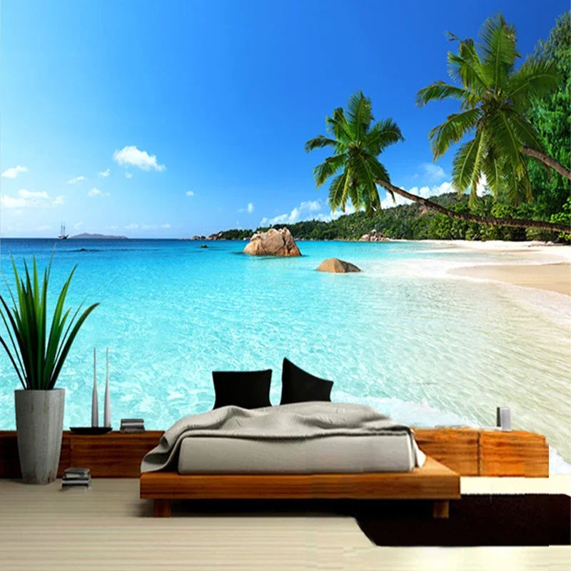 Custom 3D Photo Wallpaper Seascape Beach Palm Wall Covering Mural Roll For Living Room Bedroom Background Wallpaper De Parede