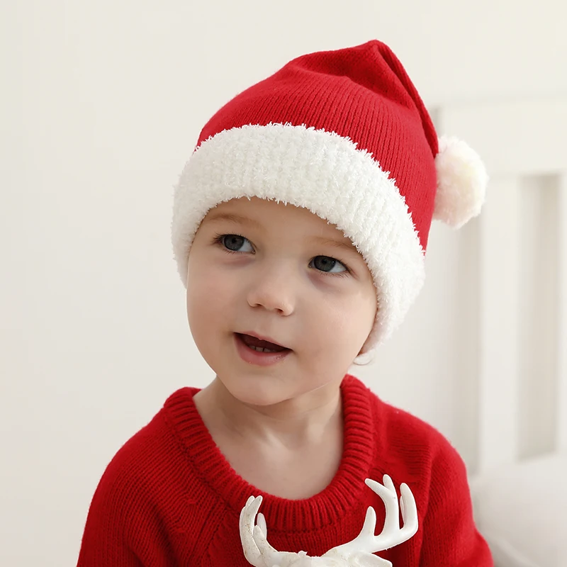 

Christmas Baby Hats Knitted Newborn Girl Boy Bonnets Fashion Patchwork Pompom Infant Kid Xmas Clothing Accessories Cap Cute Warm