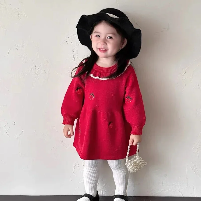 

Autumn Girl Baby Retro Knitted Dress Winter Girls Sweater Dress Vest Embroidered Strawberry Party Casual Bubble Ball Vestidos