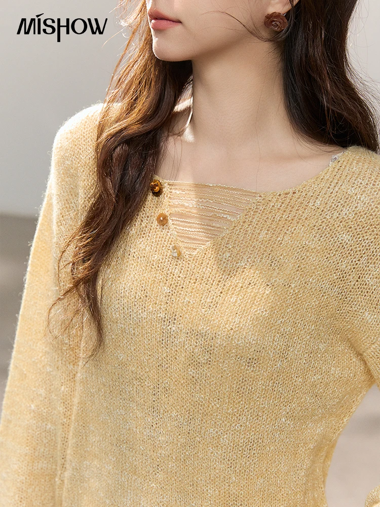 MISHOW Women's Asymmetric Button V Neck Thin Sweater 2026 Spring Fringe Hem Casual Sweaters Loose Yellow Knitted Top MXF14Z3004 - Detail 1