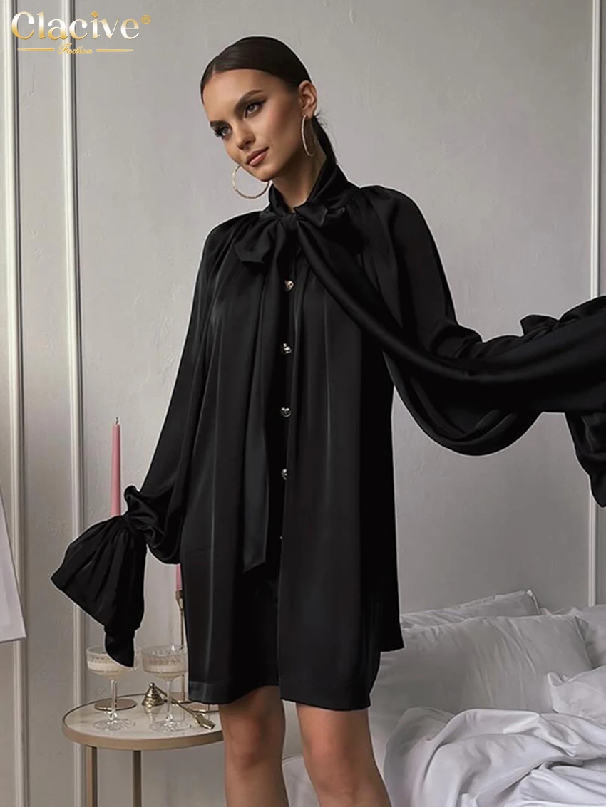 Clacive Casual Loose Black Satin Women\'s Dress 2024 Fashion Bow Collar Long Sleeve Emini Dresses Elegant Pleated Female Dress