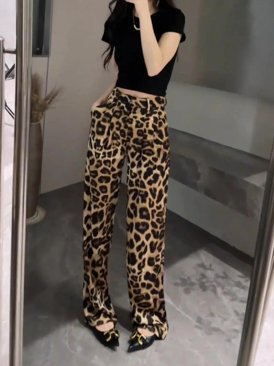 High Waist Draped Thin Wide Leg Pants Leopard Print Satin Women's Summer Slimming Long Straight Tube Trousers Fashionable