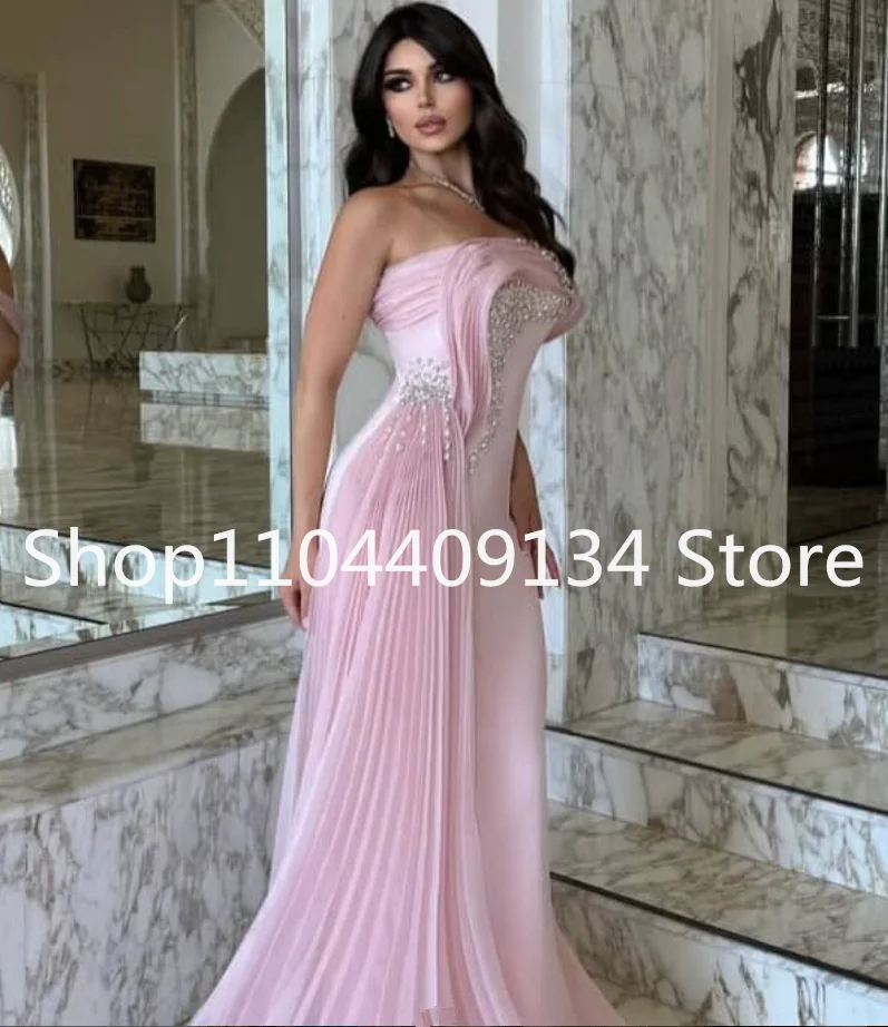 Roze Zeemeermin Lange Formele Galajurken Luxe One-shoulder Ruches Kristal Midden-Oosten Avondfeest Jurk Jersey Bespoke Customsiz
