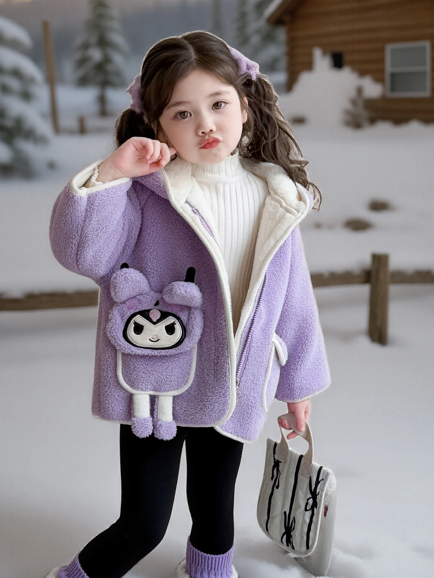 

Girls' Fce Lined Knitwear Coat Cartoon Kuroko's Little Witch 2025 Autumn Winter Sle Sweet Warm Top for Little Girls